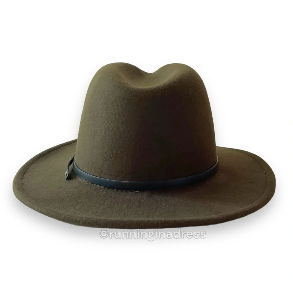 Olive Green Felt Fedora Hat Western Boho Size One Size